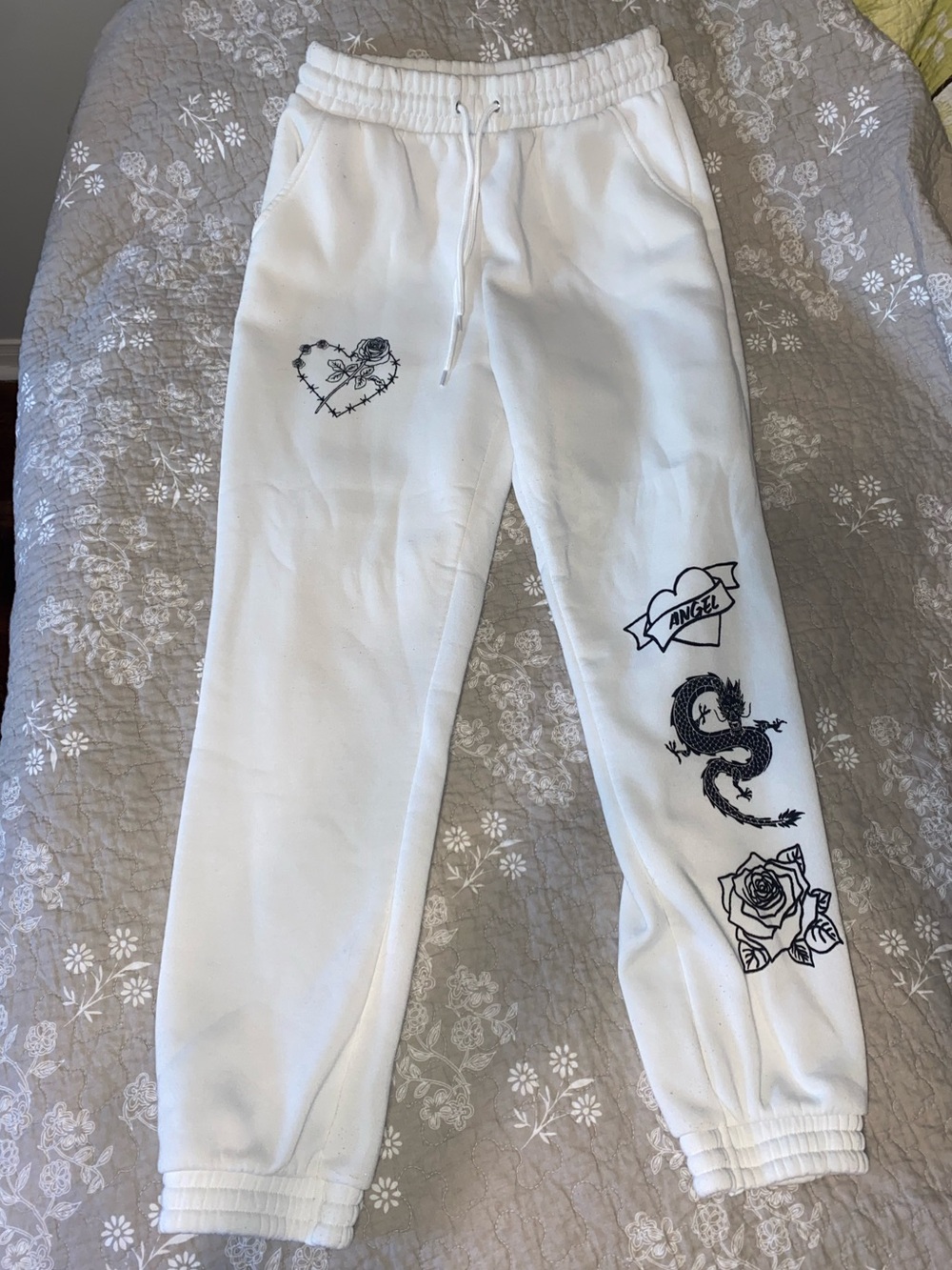 White Graphic Jogger Sweatpants - Angel Dragon & Rose Design